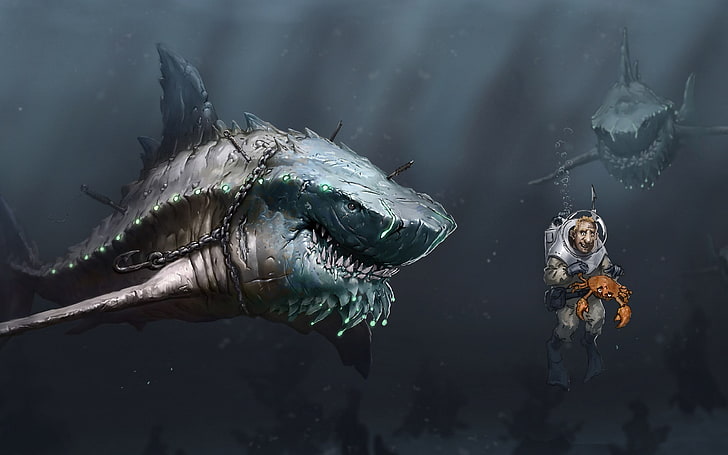 Ilustración de fondo de pantalla de hombre y tiburón, arte digital, peces, submarino, tiburón, cangrejos, buzos, burbujas, cadenas, mar, humor negro, cuchillo, Fondo de pantalla HD