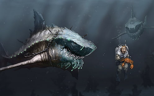 иллюстрация человека и обои акулы, цифровое искусство, рыба, под водой, акула, крабы, водолазы, пузыри, цепи, море, темный юмор, нож, HD обои HD wallpaper
