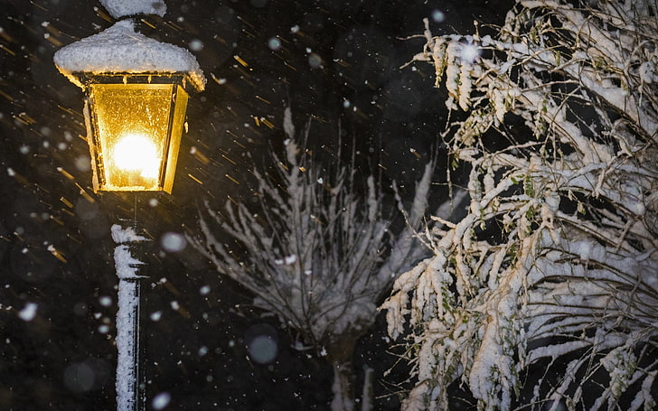 notte, neve, inverno, lanterna, Sfondo HD