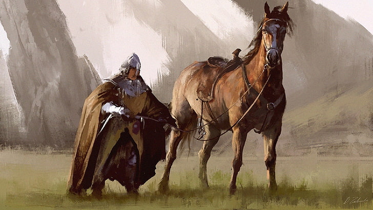 Caballero al lado de la pintura del caballo marrón, obras de arte, caballo, caballero, guerrero, Fondo de pantalla HD