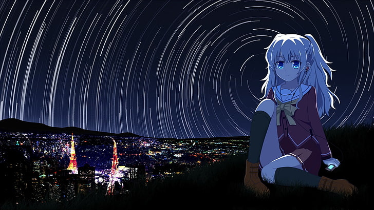 weibliche Anime-Figur, Anime-Mädchen, Anime, Tomori Nao, Schuluniform, weißes Haar, Nacht, Charlotte (Anime), HD-Hintergrundbild