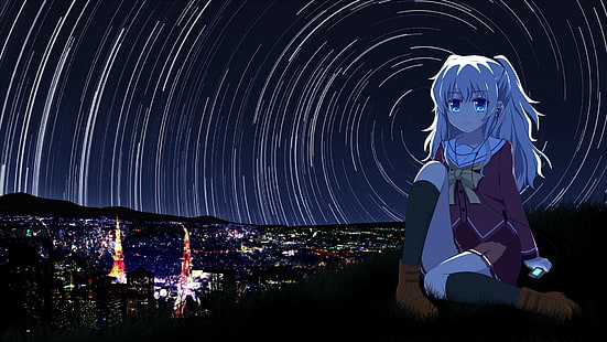weibliche Anime-Figur, Anime-Mädchen, Anime, Tomori Nao, Schuluniform, weißes Haar, Nacht, Charlotte (Anime), HD-Hintergrundbild HD wallpaper