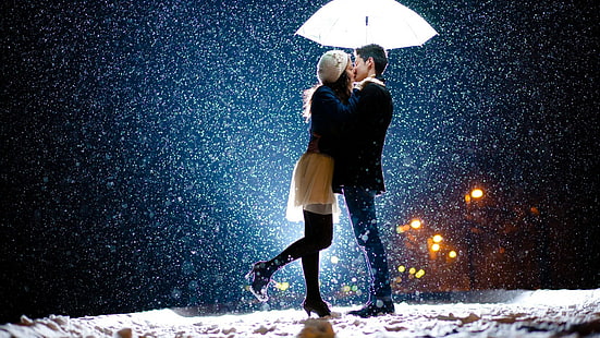 couple, women, kissing, men, bokeh, umbrella, snow, HD wallpaper HD wallpaper
