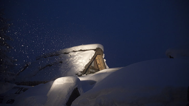 Natur, Landschaft, Winter, Schnee, Abend, windig, Haus, Lichter, Holz, Bäume, Auto, HD-Hintergrundbild
