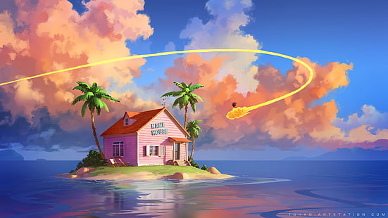 ドラゴンボール、雲、悟空、家、島、 HDデスクトップの壁紙 HD wallpaper