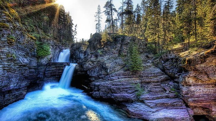 vattenfall illustration, vatten, vattenfall, solljus, landskap, natur, träd, st. Mary Falls, Glacier National Park, HD tapet