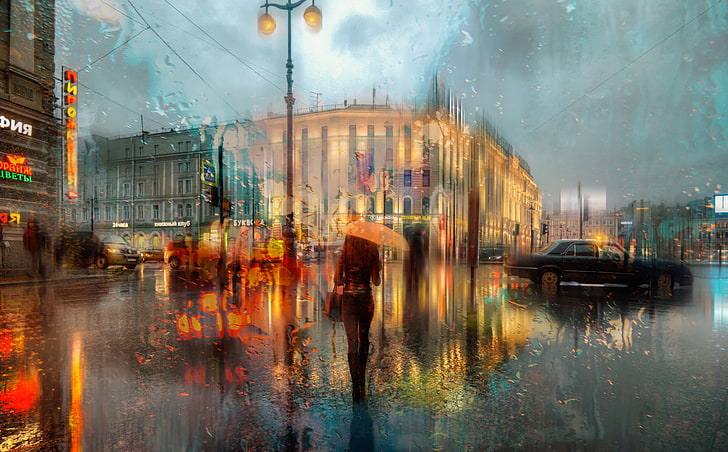 femme sous un parapluie sous la pluie, peinture, pluie, ciel couvert, Saint-Pétersbourg, Fond d'écran HD