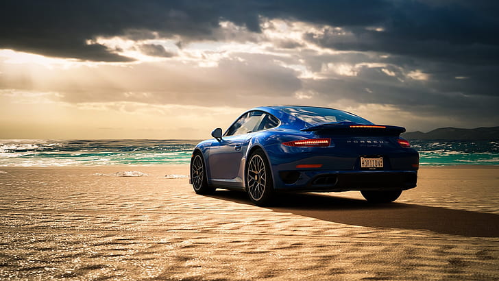 море, плаж, син, Porsche 911 Turbo S, HD тапет