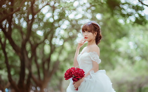Красивая азиатская девушка, невеста, роза, Красивая, азиатская, девушка, невеста, роза, HD обои HD wallpaper