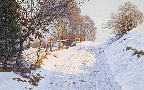 Pintor alemão, óleo sobre tela, Fritz Müller-Landeck, paisagem de inverno à luz do sol, HD papel de parede HD wallpaper