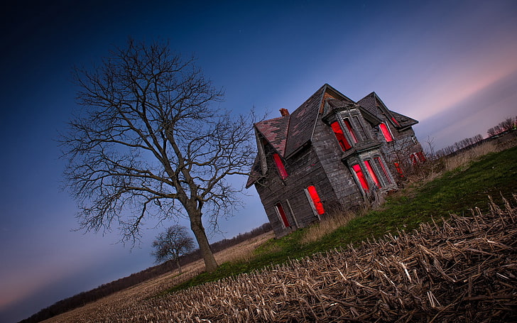 brown house, scarry, house, landscape, field, HD wallpaper