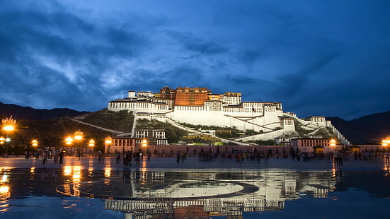 โครงสร้างอาคารสีขาวใกล้ทะเลสาบทิเบตพระราชวังโปตาลาลาซาพุทธจีน, วอลล์เปเปอร์ HD HD wallpaper