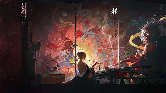 demone, arte digitale, opera d'arte, Oni, giapponese, Folklore, yokai, pittura, fumo, kimono, Sfondo HD HD wallpaper