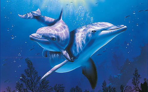 дельфины, океан, море, подводный, HD обои HD wallpaper