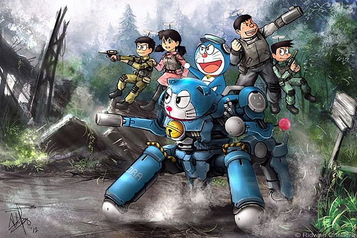 Doraemon digital wallpaper, Ghost in the Shell, Doraemon, Tachikoma, crossover, anime, HD wallpaper