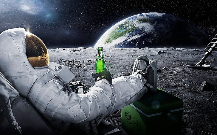 astronauts, beers, carlsberg, Earth, landing, Moon, outer, relaxing, space, HD wallpaper