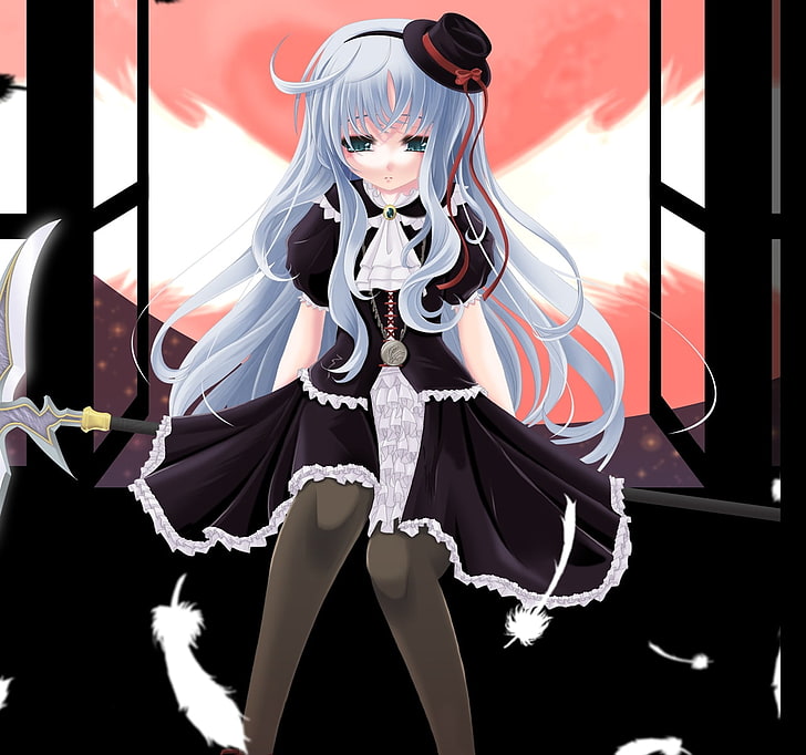 blauhaarige Mädchen Anime Charakter Illustration, Mädchen, Traurigkeit, Hut, Kleid, Feder, HD-Hintergrundbild