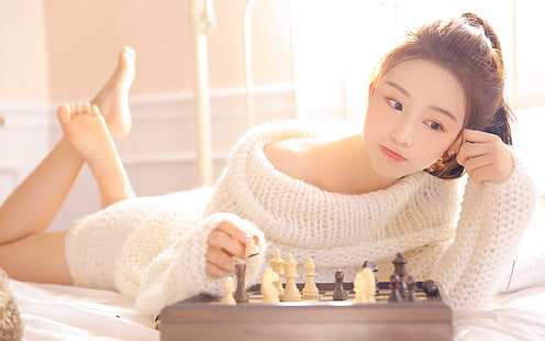 женщины, азиатки, босиком, шахматы, HD обои HD wallpaper