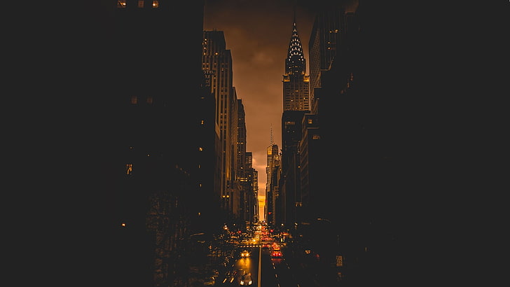 betonowe budynki, Nowy Jork, wieczór, miasto, światła uliczne, ciemność, Tapety HD