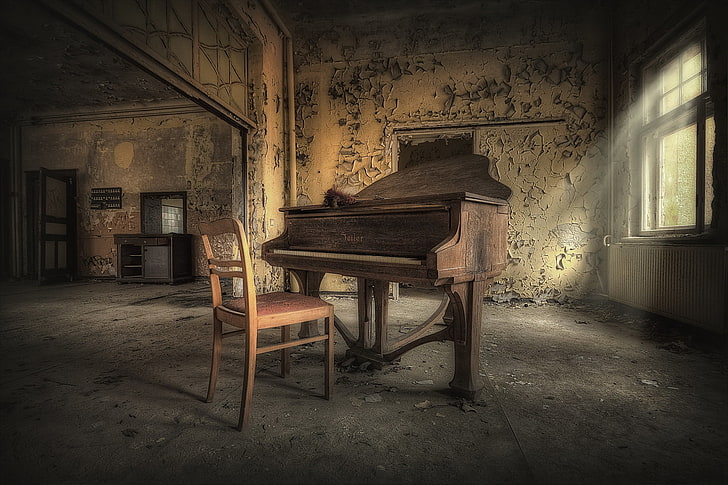 brown grand piano, music, chair, piano, HD wallpaper