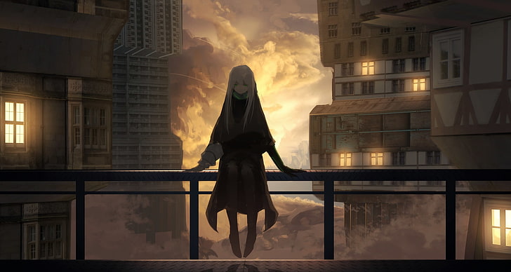 аниме девушка, здания, облака, подавленное выражение лица, аниме, HD обои