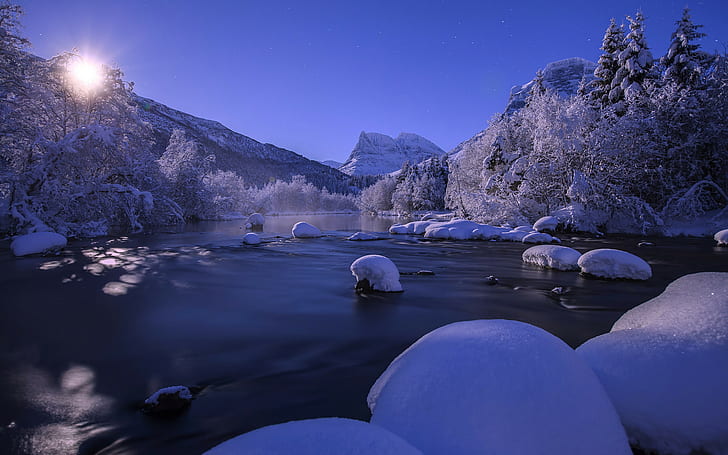 nature, 1920x1200, Winter, twilight, river, magnificent, landscapes, wide, HD wallpaper