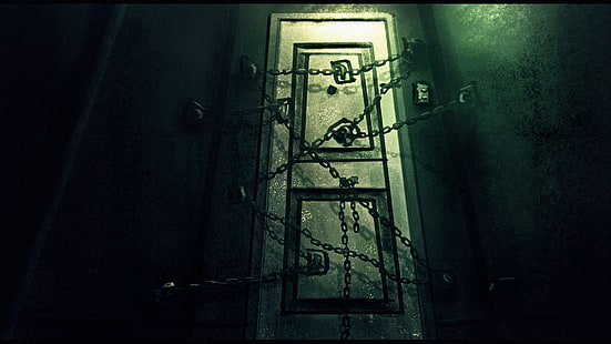 porta grigia con catene, la porta, l'orrore, il gioco, Silent Hill 4, la stanza, Sfondo HD HD wallpaper