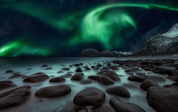 the sky, mountains, night, stones, Northern lights, excerpt, HD wallpaper