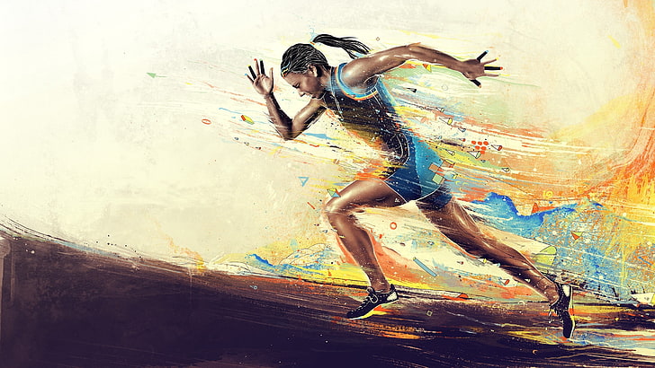 photo of running woman painting, girl, athlete, running, paint, smeared, HD wallpaper