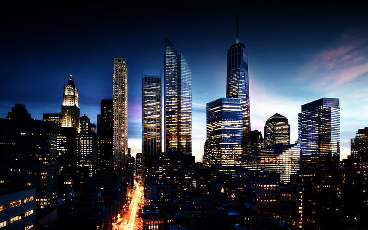 Манхатън, град, Ню Йорк, нощ, здрач, леки пътеки, мегаполис, HD тапет