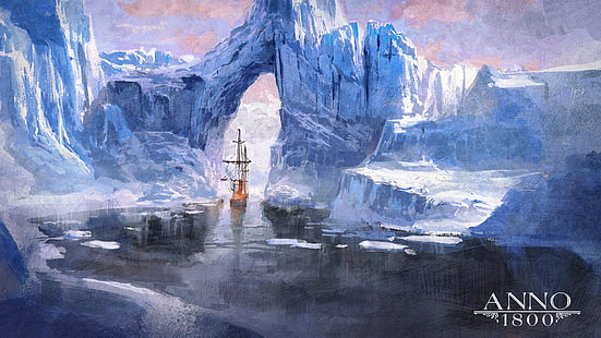 Anno 1800, sanat eseri, gemi, su, buz, soğuk, nehir, yelkenli gemi, Ubisoft, video oyunları, HD masaüstü duvar kağıdı HD wallpaper
