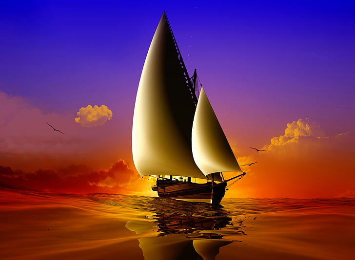 Artystyczne, łódź, ocean, żaglówka, zachód słońca, Tapety HD