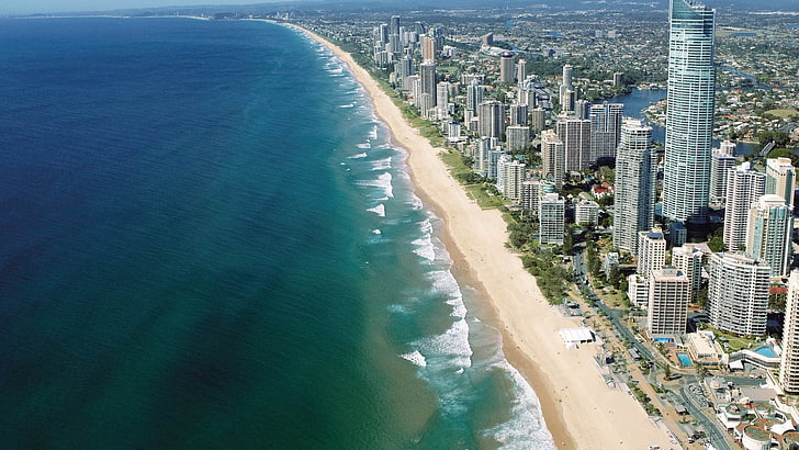 풍경, 해변, 골드 코스트, 호주, 퀸즐랜드, 도시 풍경, 바다, HD 배경 화면