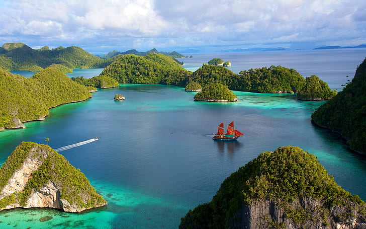 Индонезия красивые пейзажи островов, вода, корабль, голубое небо, облака, море, Индонезия, красивые, острова, пейзажи, вода, корабль, синий, небо, облака, море, HD обои