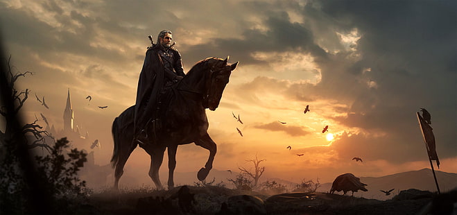 Ведьмак, Ведьмак 3: Дикая Охота, Геральт Ривийский, Лошадь, Воин, HD обои HD wallpaper
