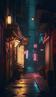  AI art, Small Alley, Tokyo, vertical, portrait display, night, neon, HD wallpaper HD wallpaper