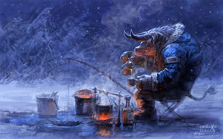 video games winter snow world of warcraft tauren fantasy art fishing artwork yaorenwo 1440x900 wa Video Games World of Warcraft HD Art , Winter, Video Games, HD wallpaper