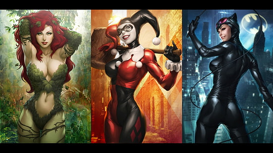 Poison Ivy, Artgerm, Catwoman, Harley Quinn, DC Comics, Batman, Stanley Lau, collage, HD tapet HD wallpaper