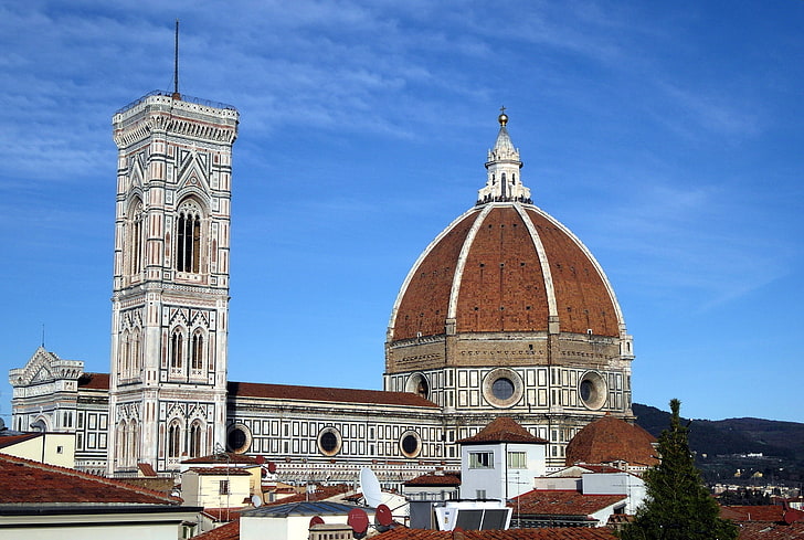 toit, ciel, Italie, Florence, le dôme, le Duomo, le clocher de Giotto, la cathédrale Santa Maria del Fiore, Fond d'écran HD