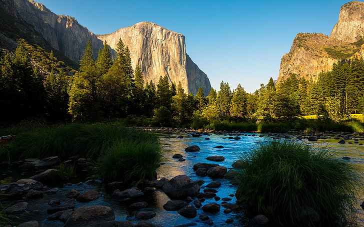 góry, rzeka i drzewa, jezioro, rzeka, natura, krajobraz, skała, woda, Park Narodowy Yosemite, Dolina Yosemite, El Capitan, Tapety HD