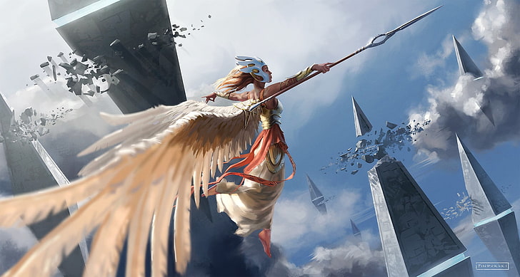 personaje femenino del juego con alas, arte de fantasía, lanza, alas, volando, nubes, Fondo de pantalla HD