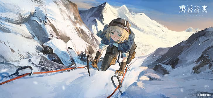 Reverse: 1999, mountains, Ezra Theodore, climbing, blonde, watermarked, Japanese, short hair, clear sky, blue eyes, snow, ice axe, ropes, snowing, blunt bangs, gloves, bob cut, Brown gloves, outdoors, HD wallpaper