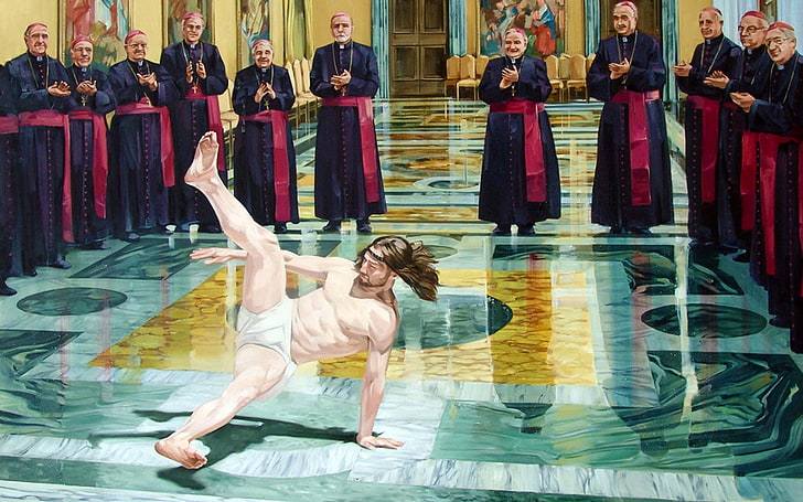 ilustrasi gaun hitam lengan panjang pria, breakdance, agama, Yesus Kristus, humor, Wallpaper HD
