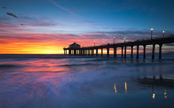 Vereinigte Staaten, Kalifornien, Manhattan Beach, Sonnenuntergang, Brücke, Vereinigte Staaten, Kalifornien, Manhattan, Strand, Sonnenuntergang, Brücke, HD-Hintergrundbild