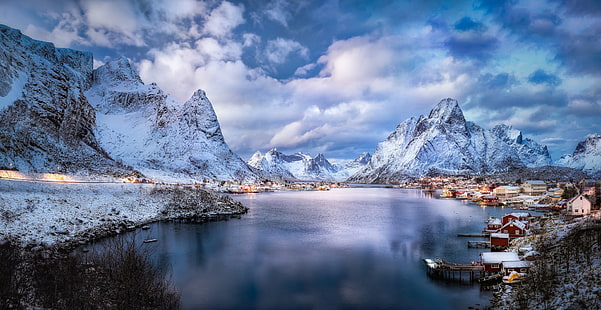 写真、ロフォーテン諸島、雲、風景、山、ノルウェー、村、冬、 HDデスクトップの壁紙 HD wallpaper