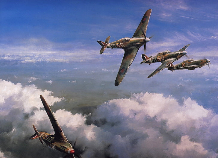 갈색-회색 제트기, 하늘, 그림, 예술, 전투기, Hawker Hurricane, WW2, 영국, 단일, 