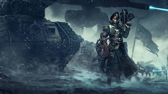Солдат с пистолетом, иллюстрация, Warhammer 40000, битва, Яррик, комиссар, HD обои HD wallpaper
