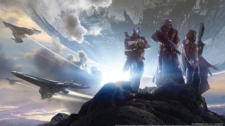 trzech żołnierzy stojących na skale ilustracja, przeznaczenie, strzelanka, bohaterowie, wojownicy, statki kosmiczne, broń, Tapety HD