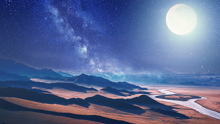 desert, Moon, stars, river, landscape, HD wallpaper