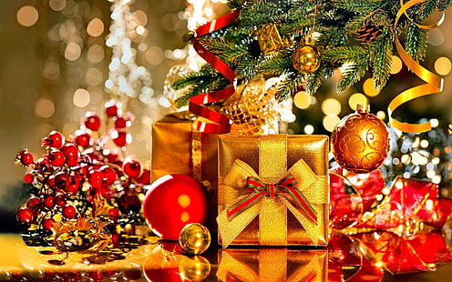 boules rouges, vacances, Noël, ornements de Noël, cadeau, Fond d'écran HD HD wallpaper
